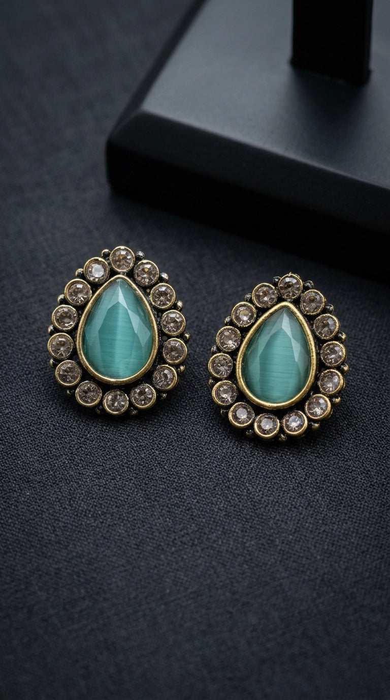 Mint Green Teardrop Stud Earrings with Champagne Crystal Halo, Gold-Tone Fashion Jewellery for Women