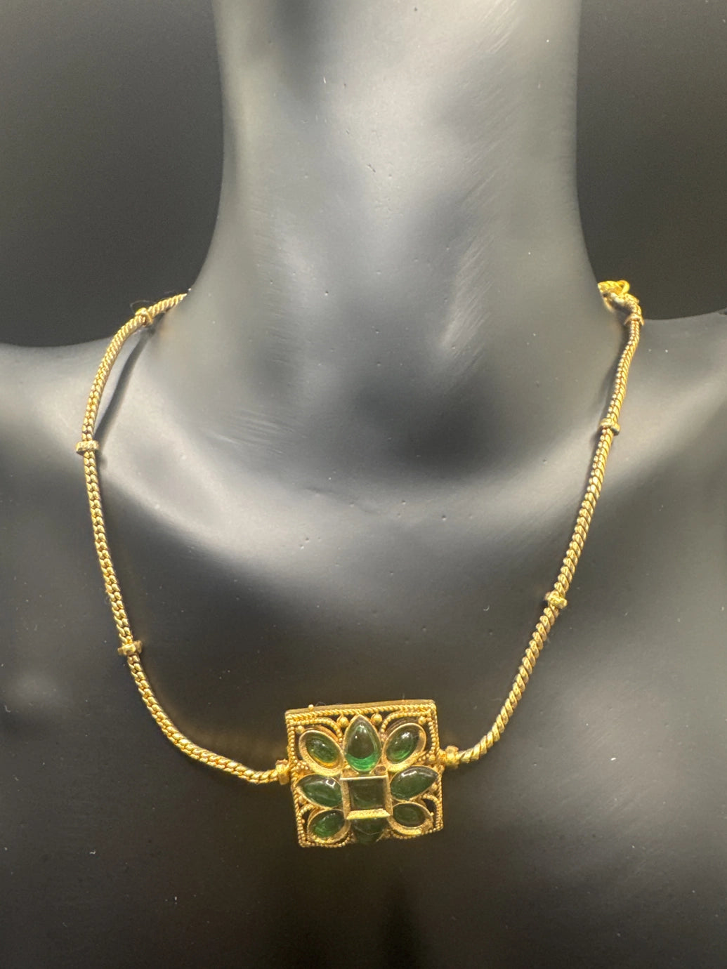 Gold-Tone Green Stone Traditional Necklace Set with Matching Studs Jewelry JCS Fashions