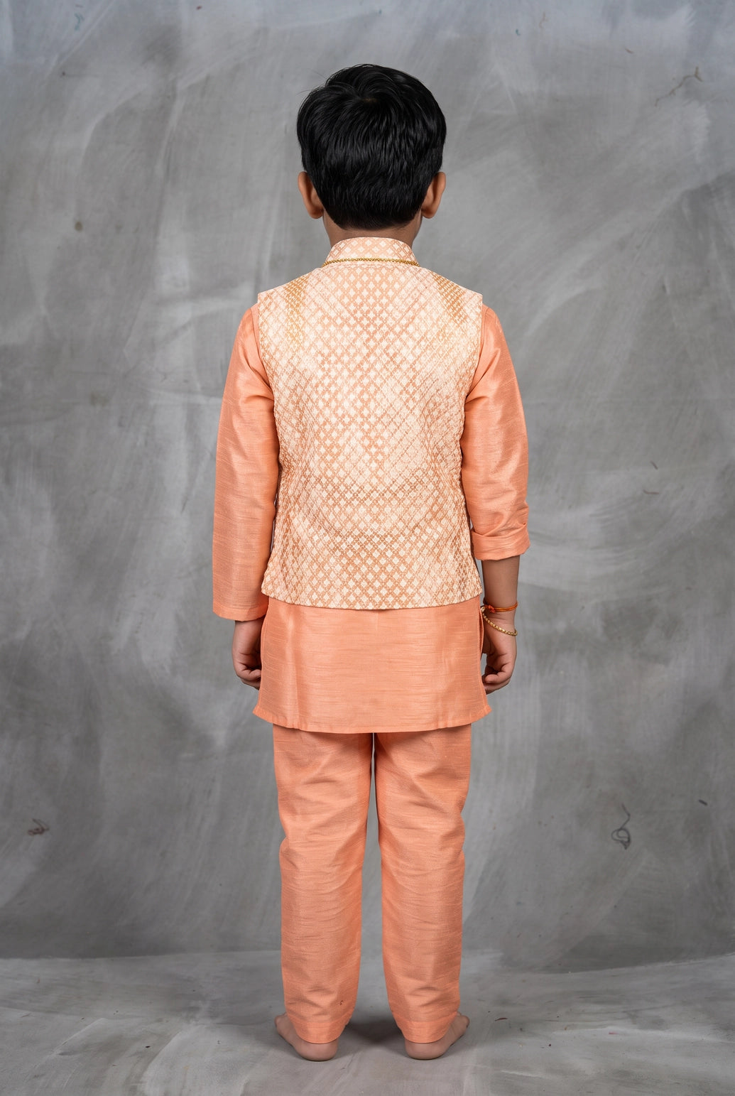 Peach Boys Koti Kurta Set with Printed Nehru Jacket, Cotton Kurta & Matching Pants, Decorative Brooch