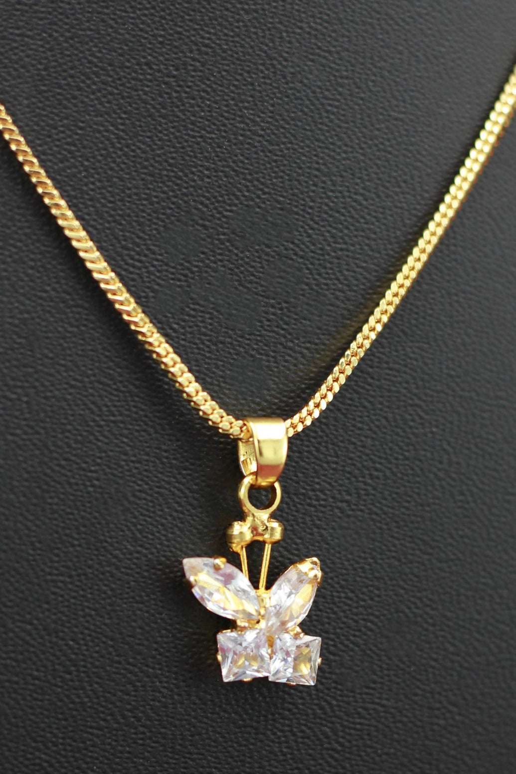 Gold-Tone Textured Chain Necklace with Cubic Zirconia Butterfly Pendant for Women