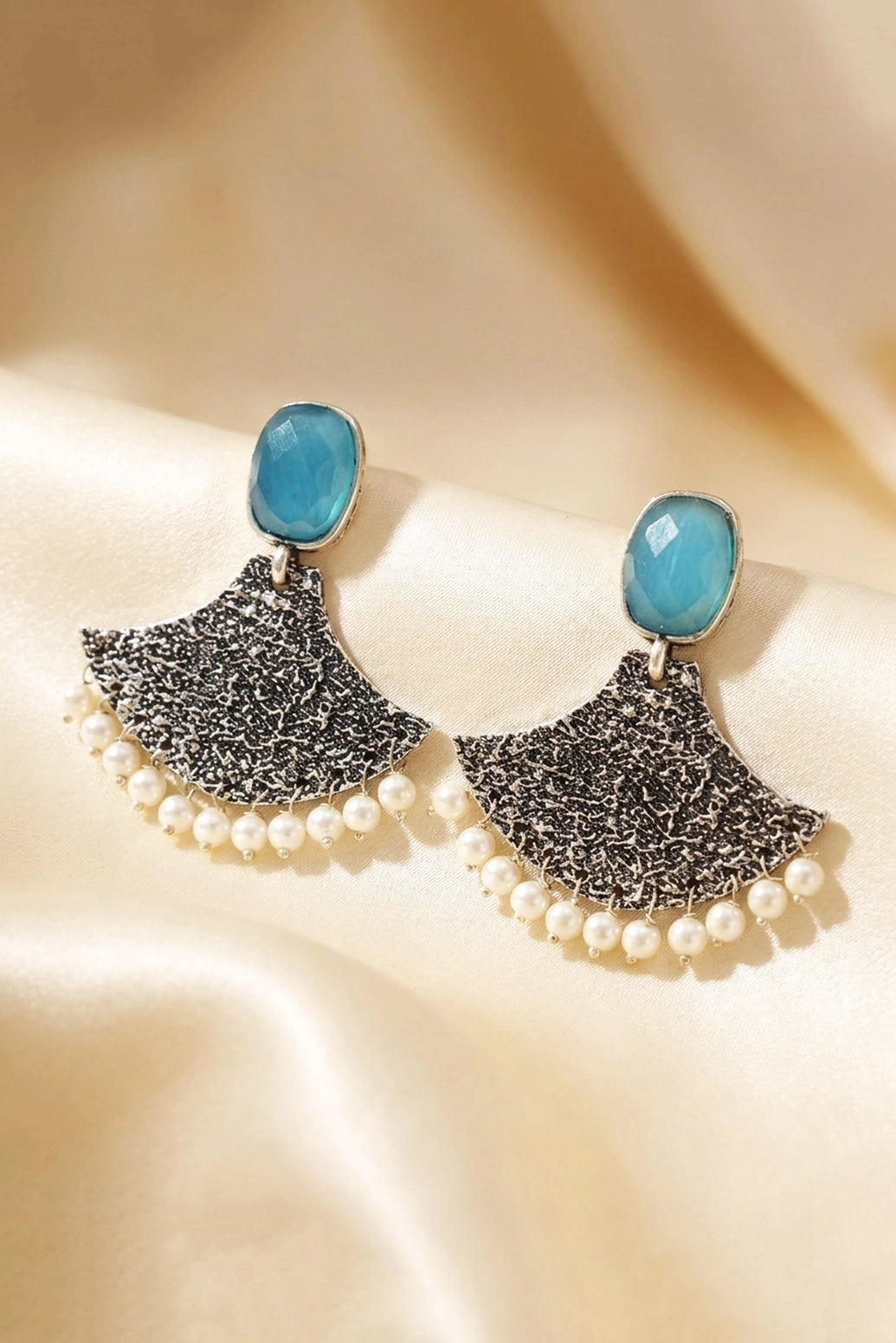 Sea Blue Stone Triangle Tassel Drop Earrings, Silver-Tone Party/Festive Jewellery for Women