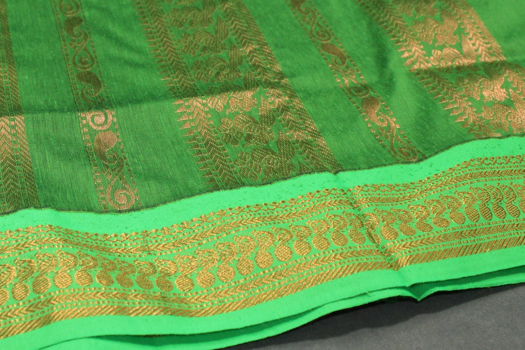 Kalyani Cotton Saree - Deep Violet with Green Zari Border and Butta Design Saree JCS Fashions