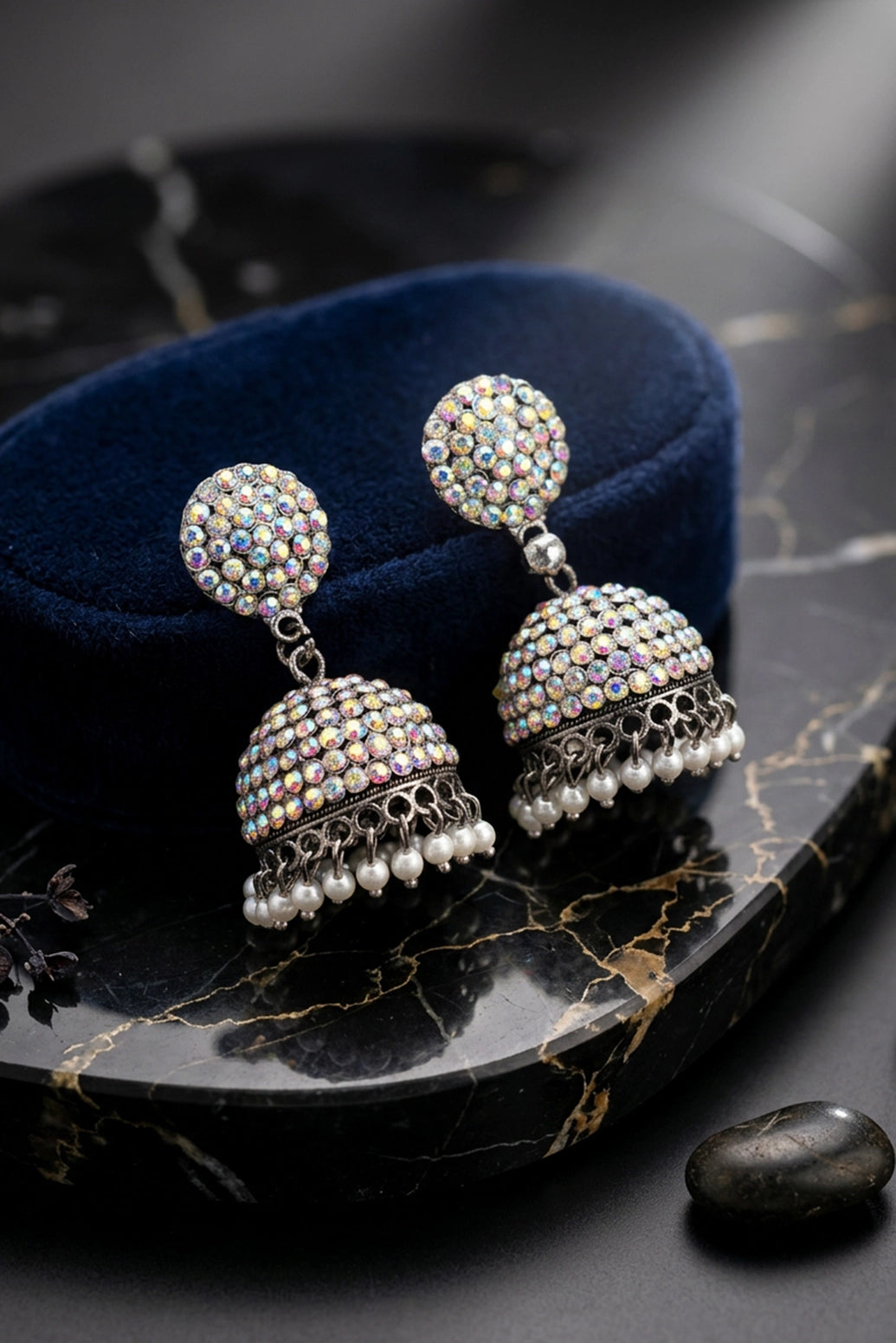 Oxidized Silver Jhumka Earrings with White Stone Round Stud and Pearl Drop Dangles