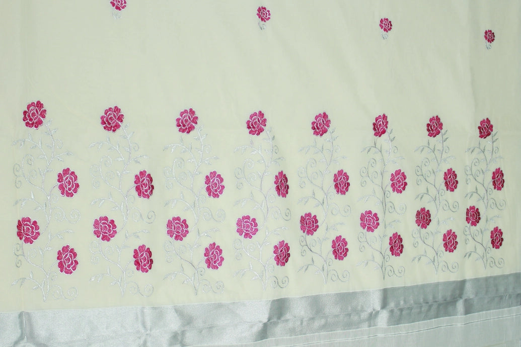 Half White Kerala Cotton Saree With Silver Zari Floral Embroidery and Thread Work