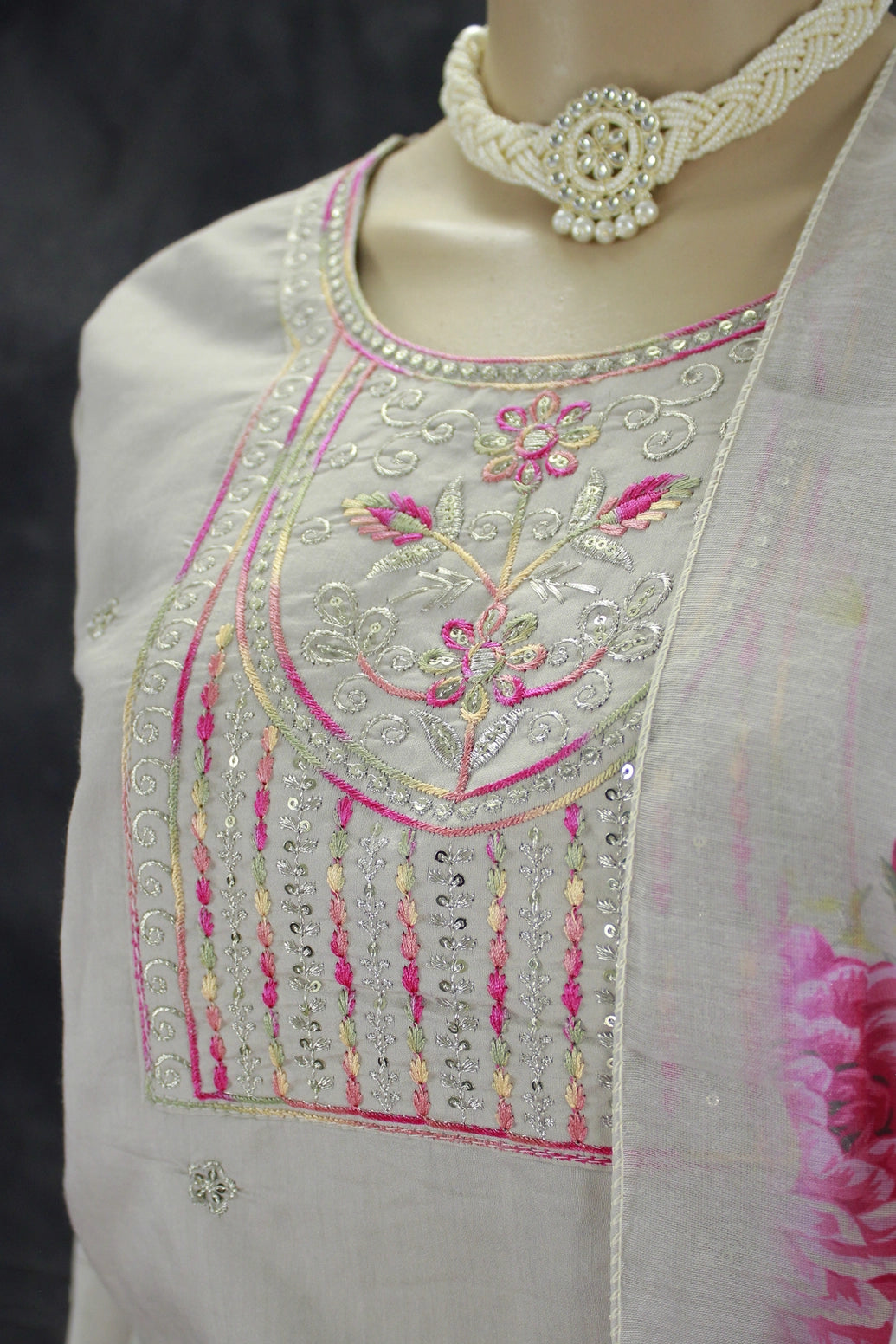 Elegant Beige Roman Silk 3 Piece Set with Embroidery