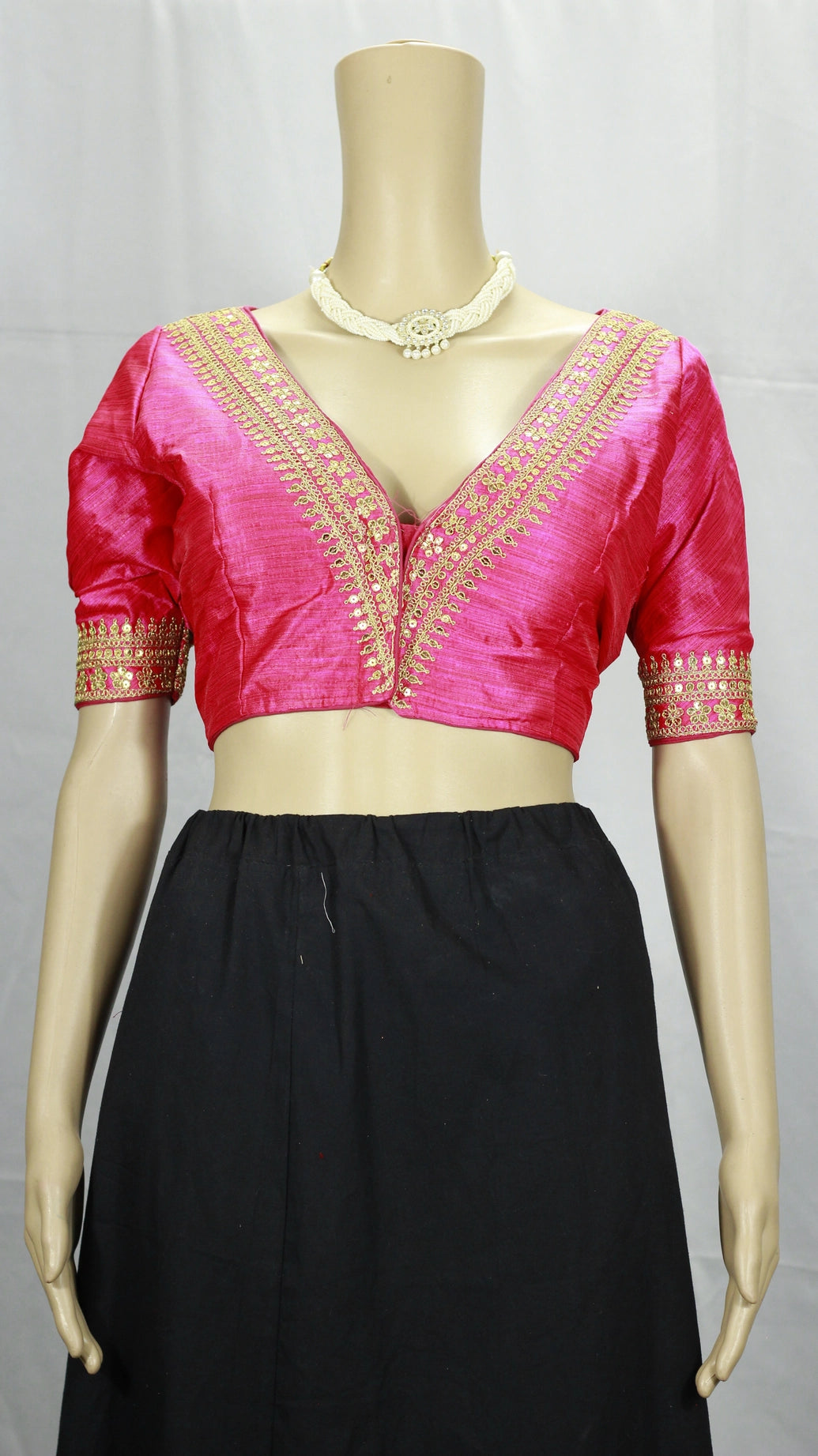 Pink Readymade Designer Padded Blouse with V-Neck Gold Zari & Sequin Work, Elbow Sleeves, Back Knot