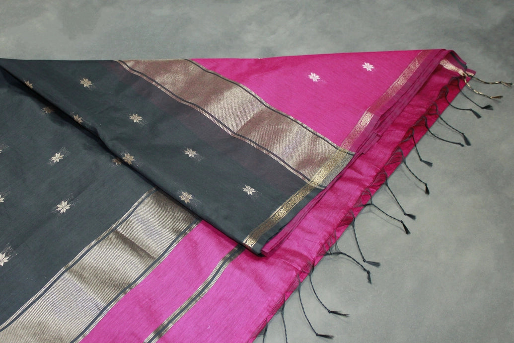 Purple Maheswari Silk Cotton Saree with Small Butta & Zari Border, Blouse Piece