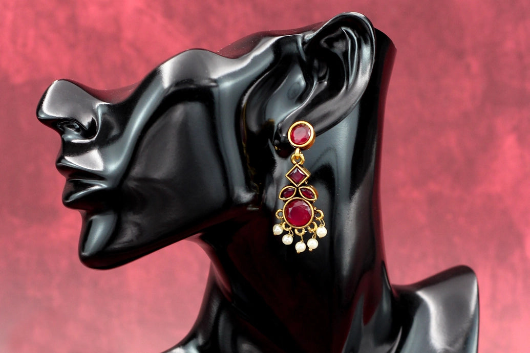 Maroon Gold-Tone Kundan-Style Pearl Drop Earrings Jewelry JCS Fashions