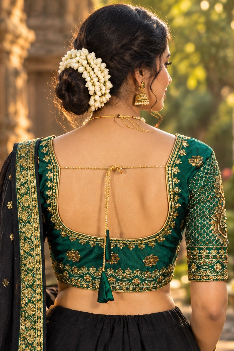 Dark Green Zari Embroidered Padded Blouse with Floral Butta, U-Neck, Elbow Sleeves and Back Knot