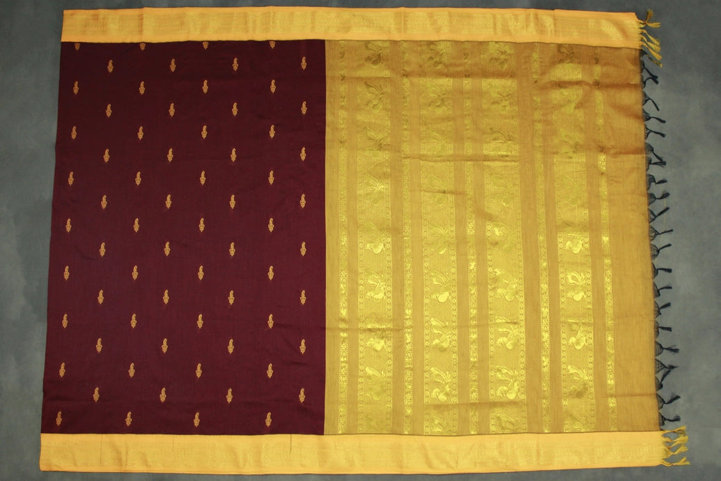 Maroon Kalyani Cotton Saree with Puttaput Design and Zari Border with Blouse