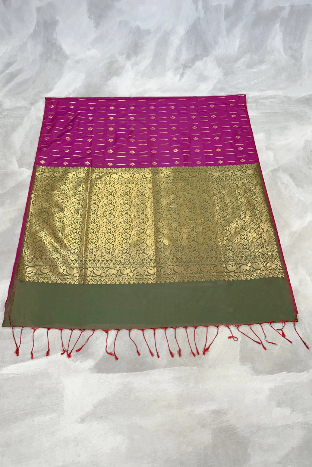 Rani Pink Korvai Soft Silk Border Saree with Gold Zari Buttas and Traditional Floral Border