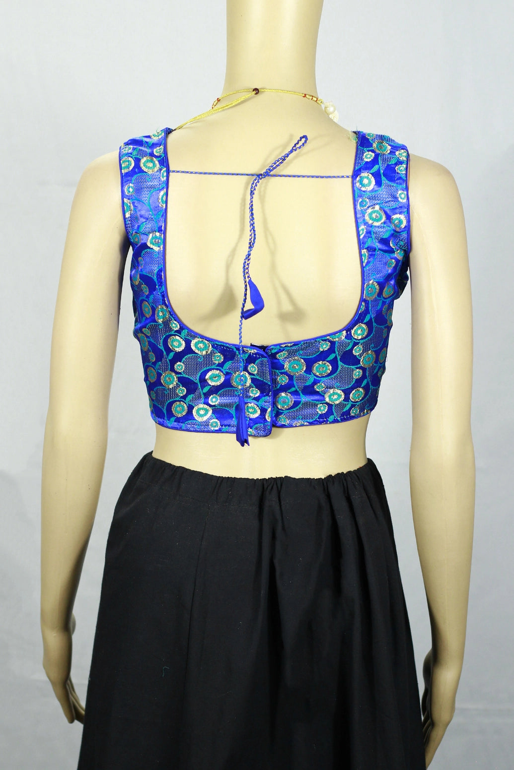 Bright Royal Blue Designer Padded Readymade Blouse with Intricate Circular Motifs and Zari Finish, Back Knot