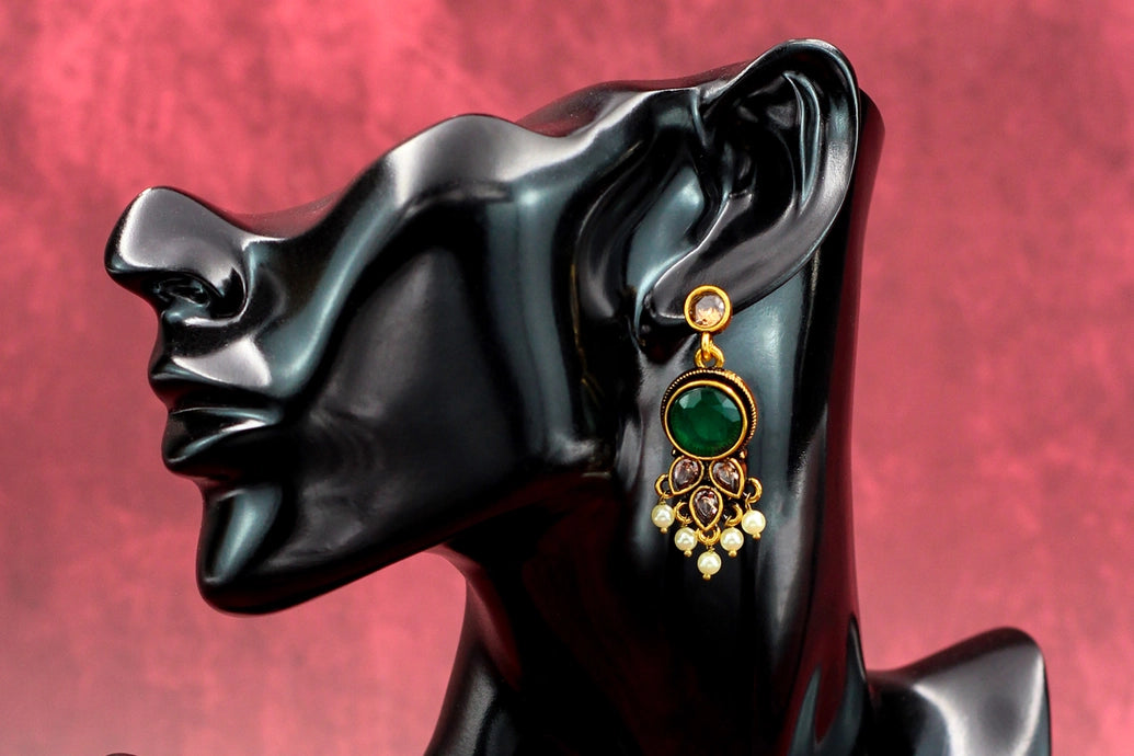 Green Antique Gold-Tone Pearl Drop Earrings with Floral Motif and White Bead Danglers – Traditional Indian Fashion Jewellery Jewelry JCS Fashions