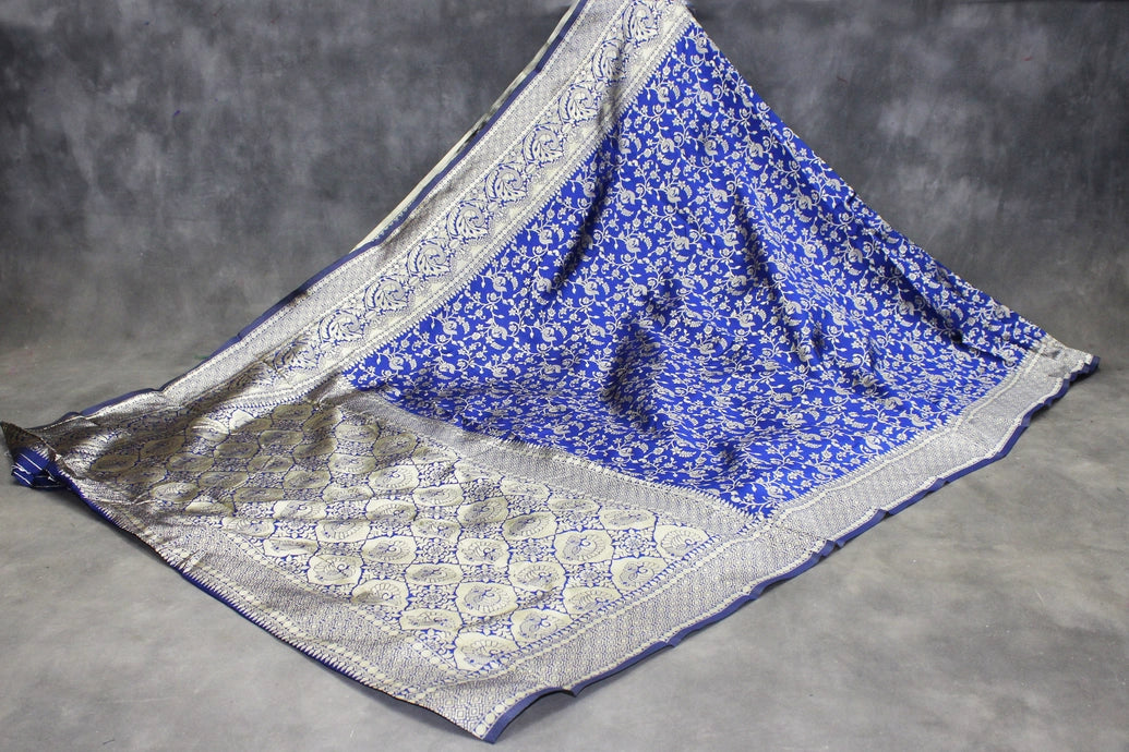 Blue Banarasi Handloom Satin Saree with Woven Embroidered Floral Print and Blouse