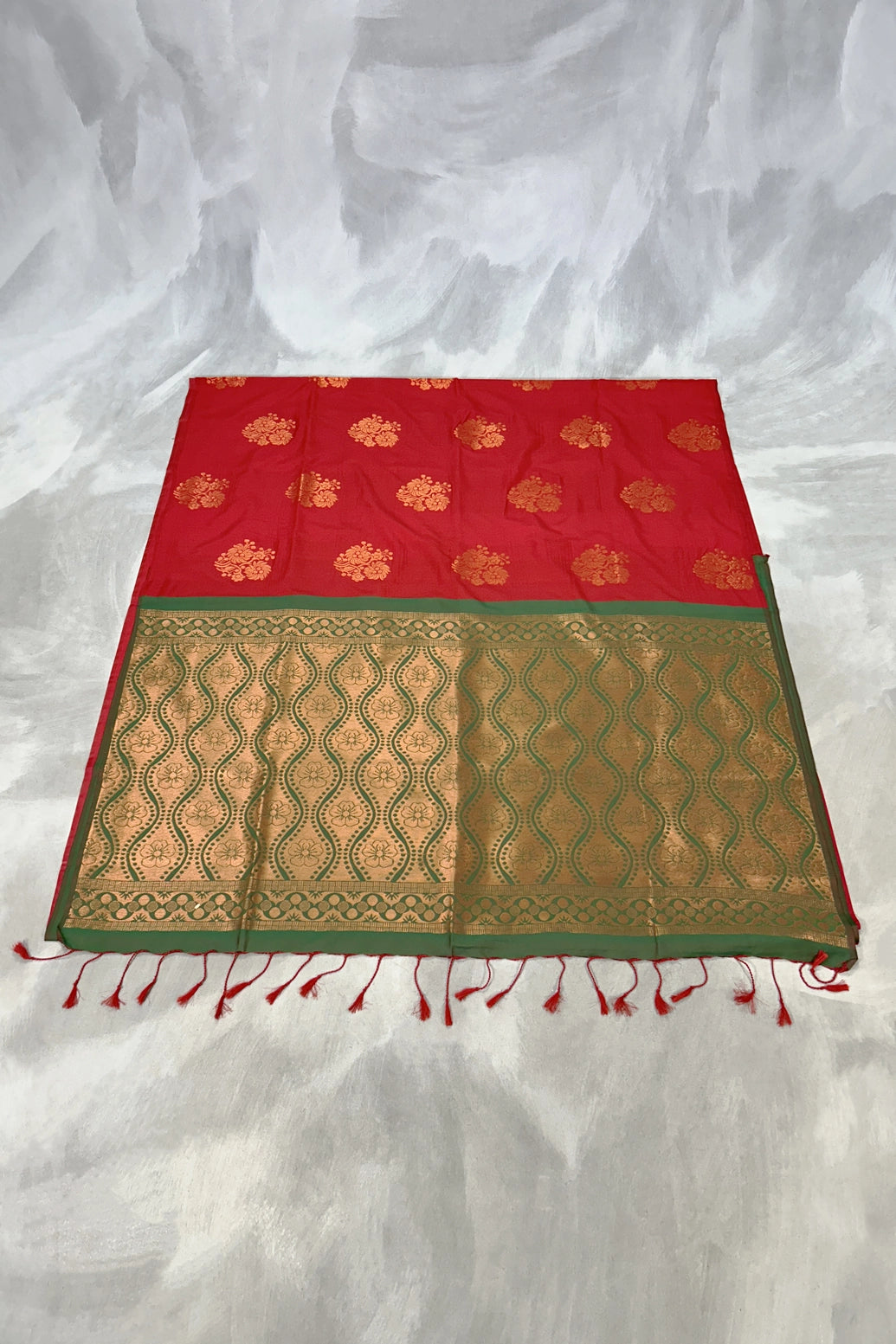Red Korvai Soft Silk Saree with Gold Zari Buttas and Floral Border, Blouse Included