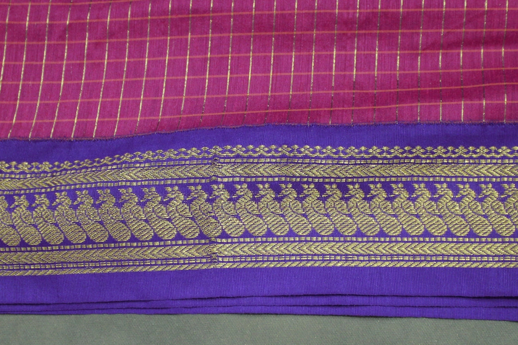 Dark Pink Kalyani Cotton Saree with Zari Checked and Peacock Border and Blouse