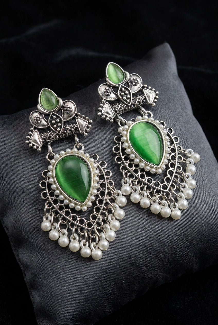 Green Teardrop Stone Oxidized Silver-Tone Pearl Drop Earrings for Festive Wear