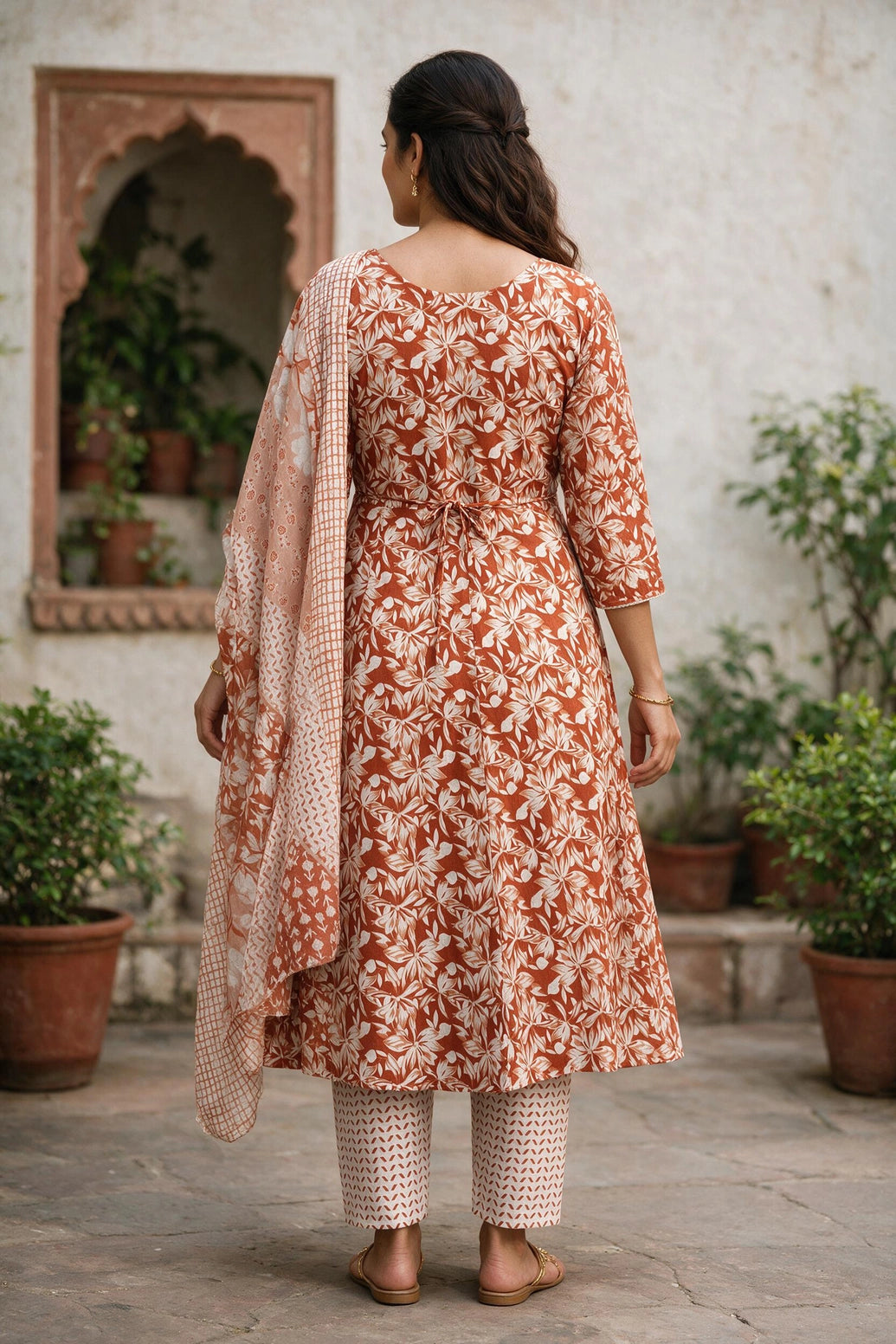 Brown Cotton Floral 3-Piece Kurti Set with Frock Pant & Embroidered Dupatta for Women
