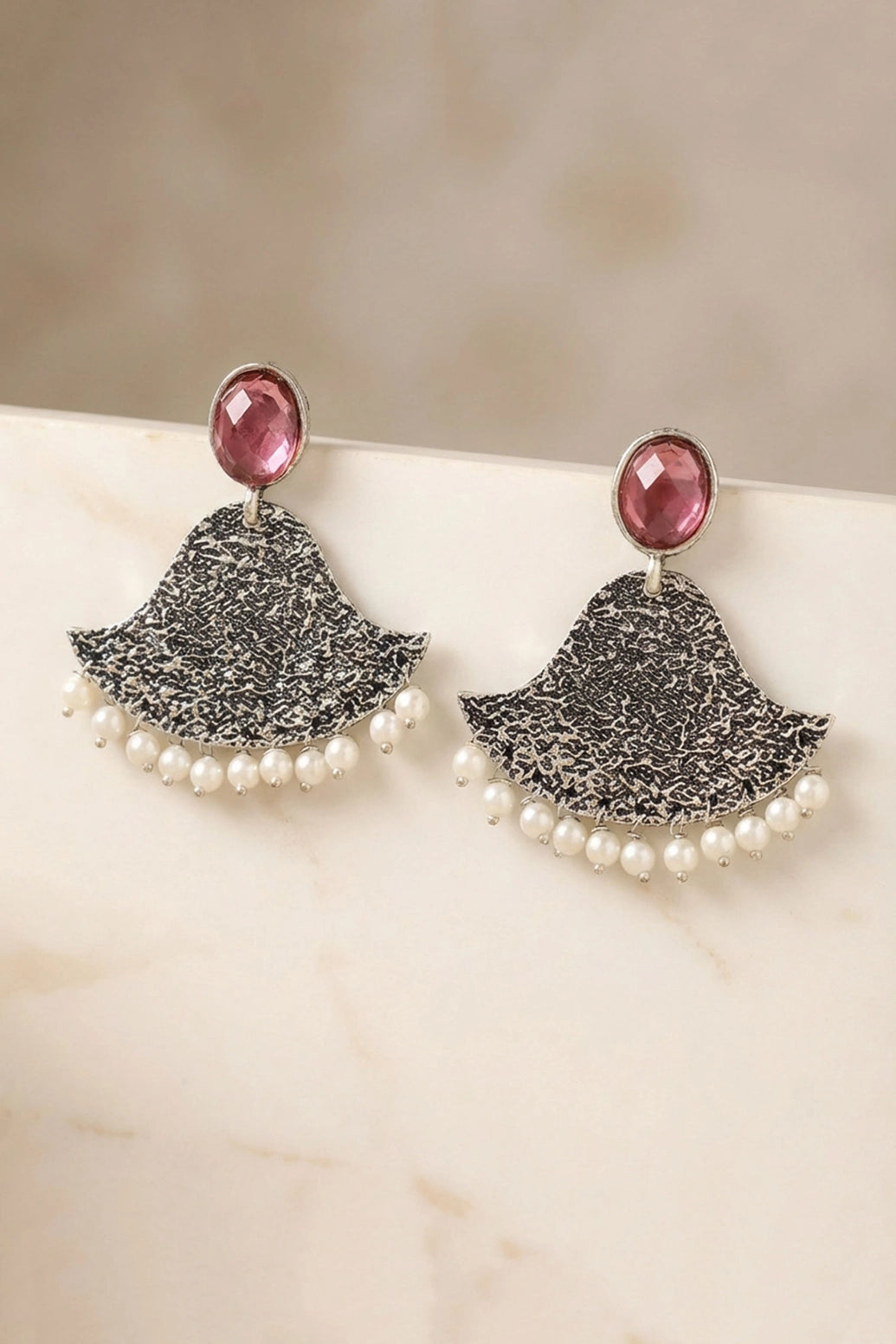 Purple Stone Textured Teardrop Jhumka Style Silver-Toned Fashion Earrings for Festive Party Wear
