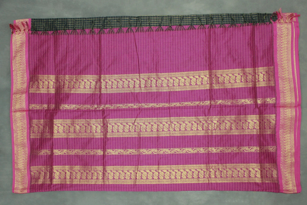 Kalyani Cotton Saree in Black with Zari Checked & Peacock Border and Blouse