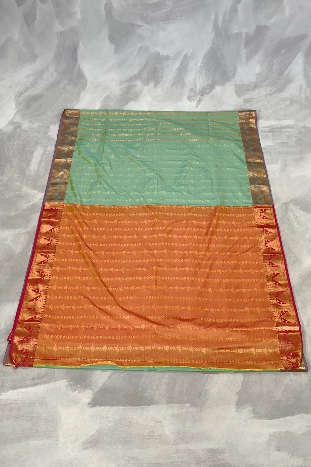 Sea Green Korvai Soft Silk Saree with Gold Zari Buttas and Traditional Floral Border, with Blouse