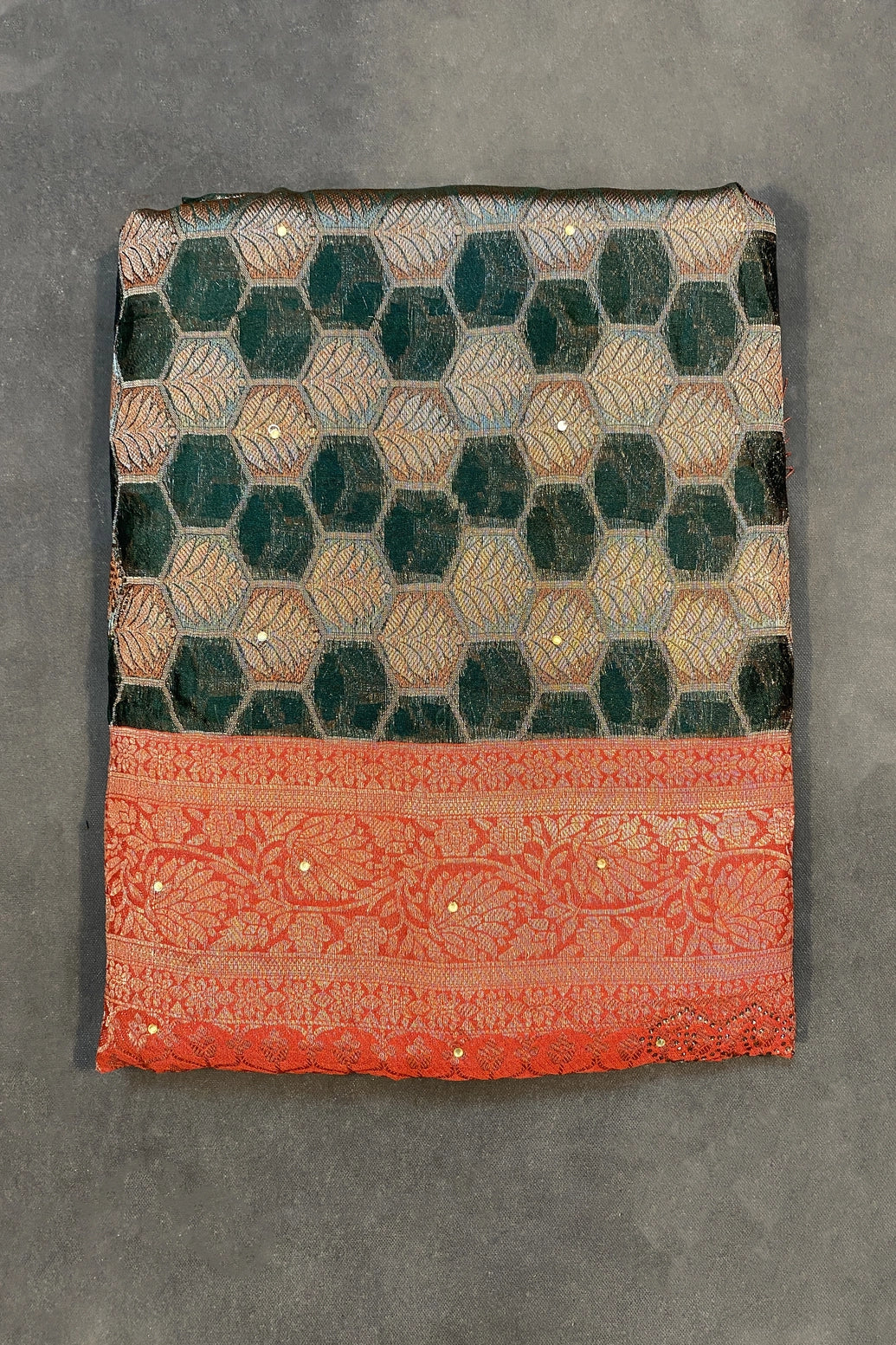 Bottle Green Cotton Organza Designer Saree with Floral Pallu Stone Work, Red Border and Blouse