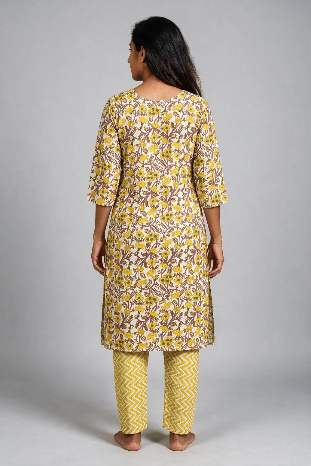 Women’s Yellow Floral Cotton Kurti with Chevron Panel Details & Elastic Pant Set