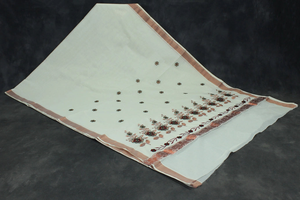 Fabric: Pure Kerala Cotton – lightweight, breathable,
• Design: Rich machine embroidery in Copper zari and thread with detai