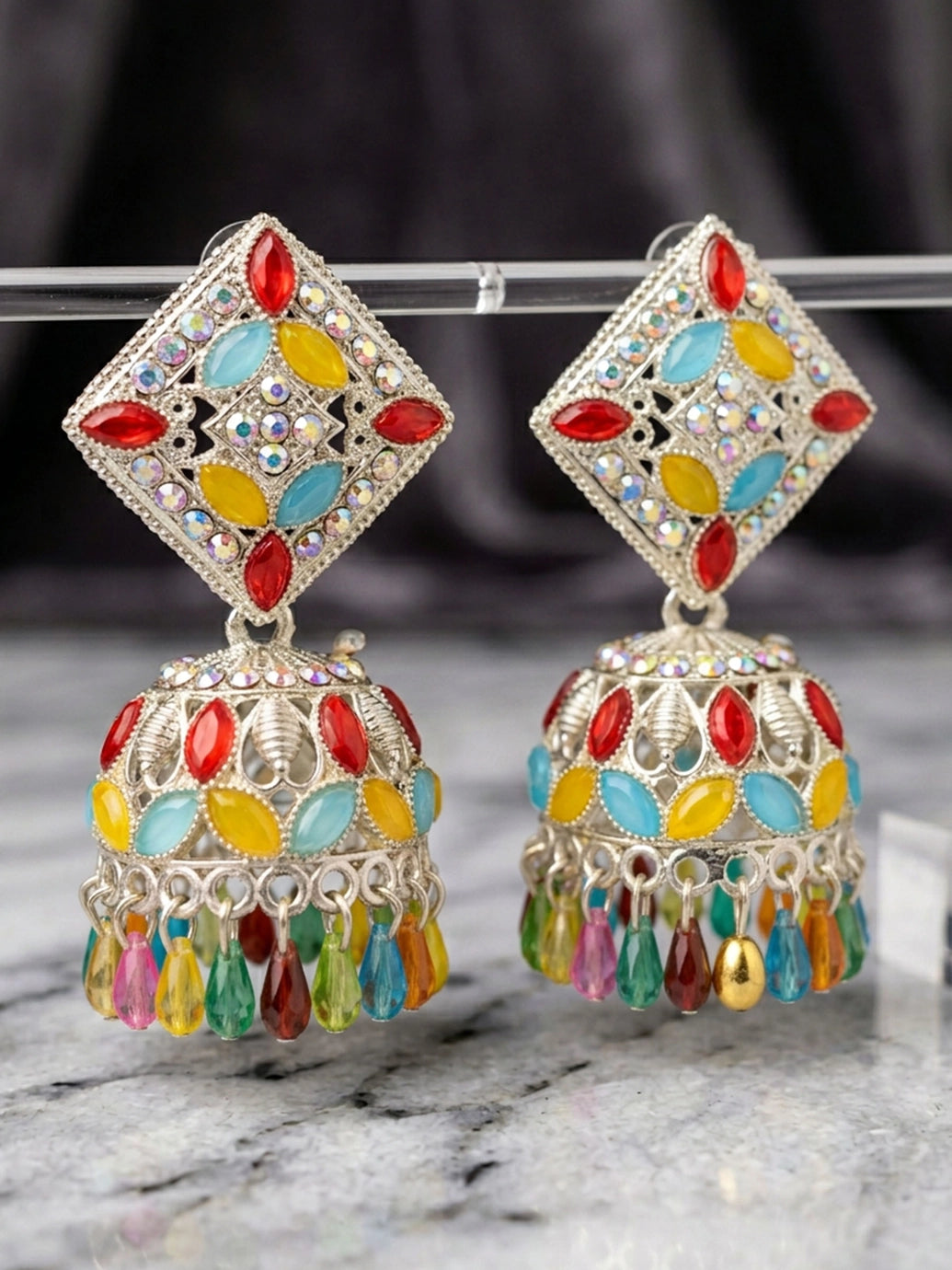 Silver Oxidized Multicolor Jhumka Earrings with Square Stud Top & Bead Drops for Traditional Festive Wear