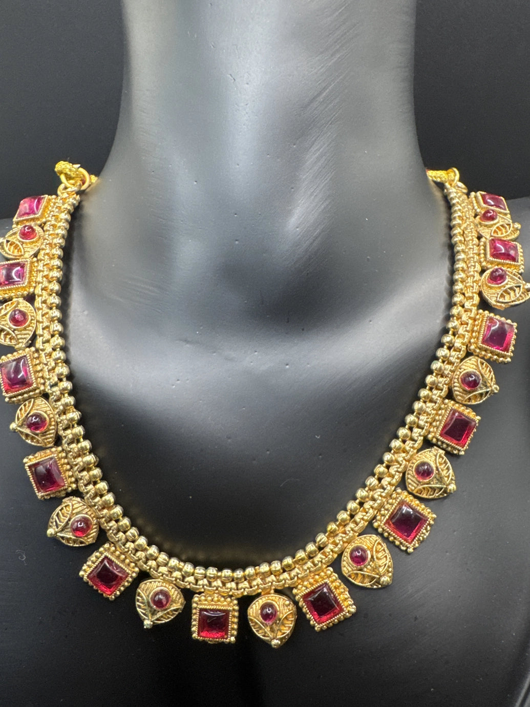 Gold-Tone Pink Stone Traditional Necklace Set with Matching Earrings - Lightweight Ethnic Neckset Jewelry JCS Fashions