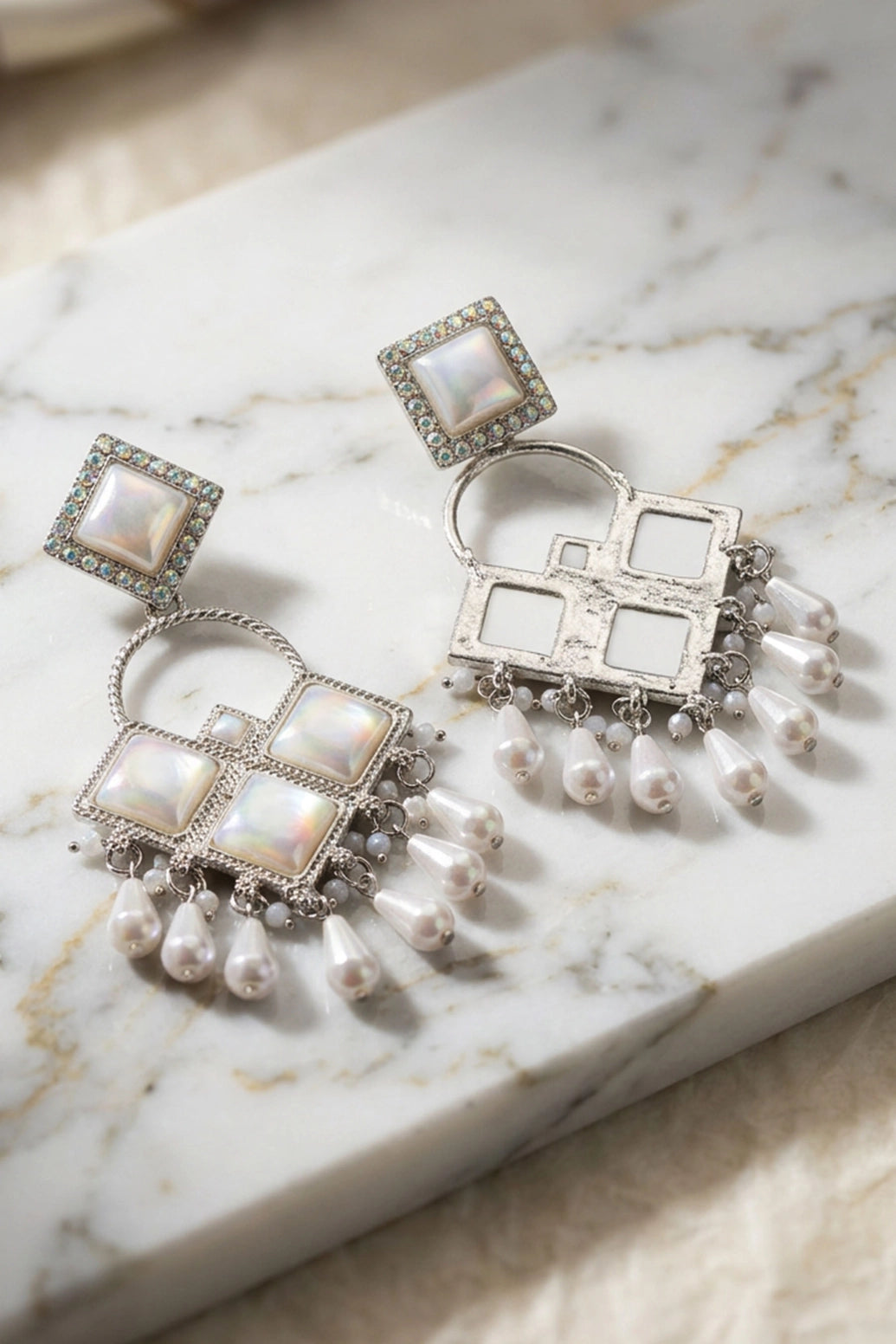 White Pearl Drop Fashion Earrings in Silver Tone with Square Stud and Iridescent Stone Dangles