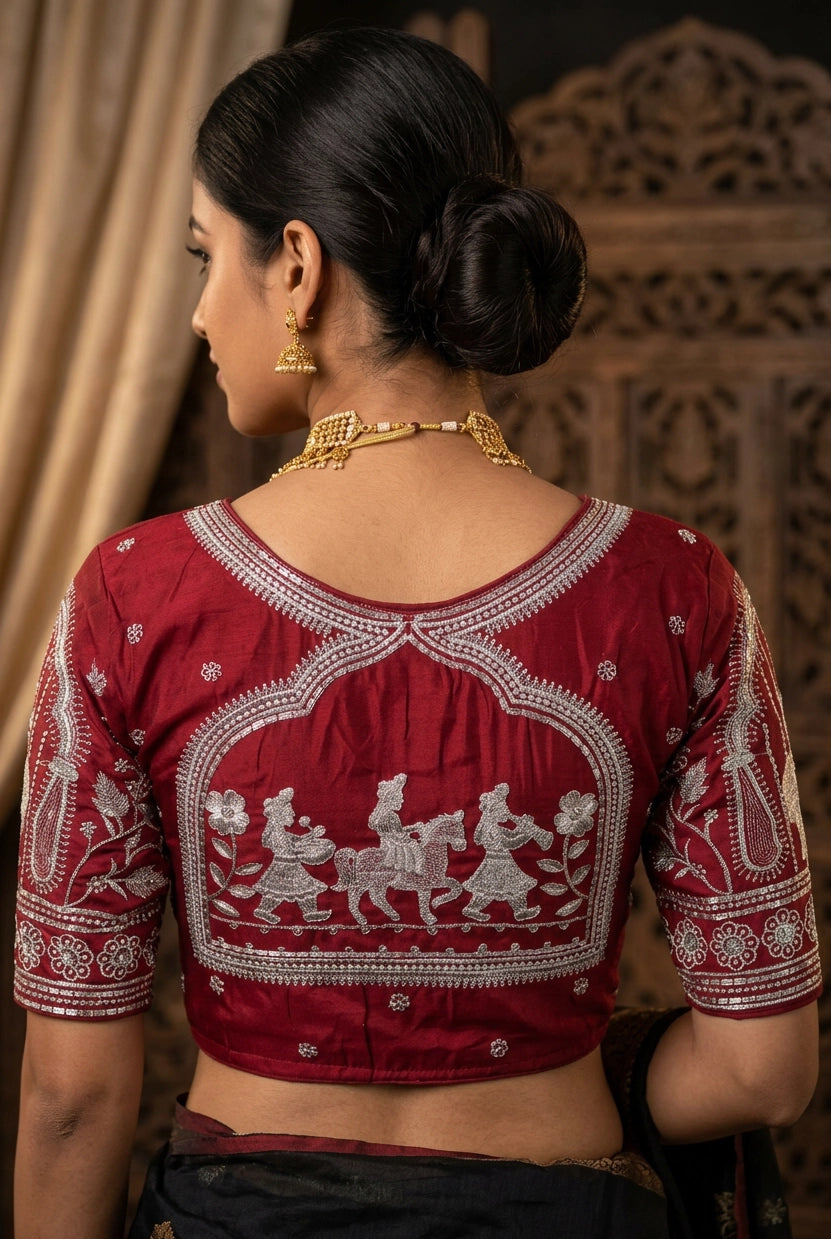 Maroon Designer Padded Blouse with Embroidery Silk Finish, Elbow Sleeve, Fully Stitched for Women
