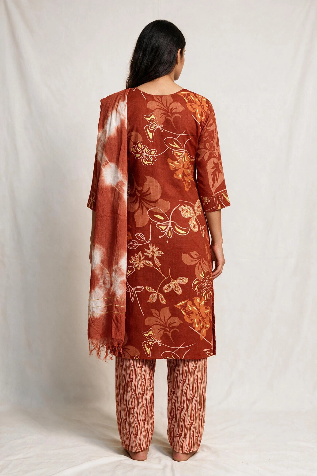 Rusty Orange Floral Cotton Kurti Set with Elastic Pant & Matching Dupatta