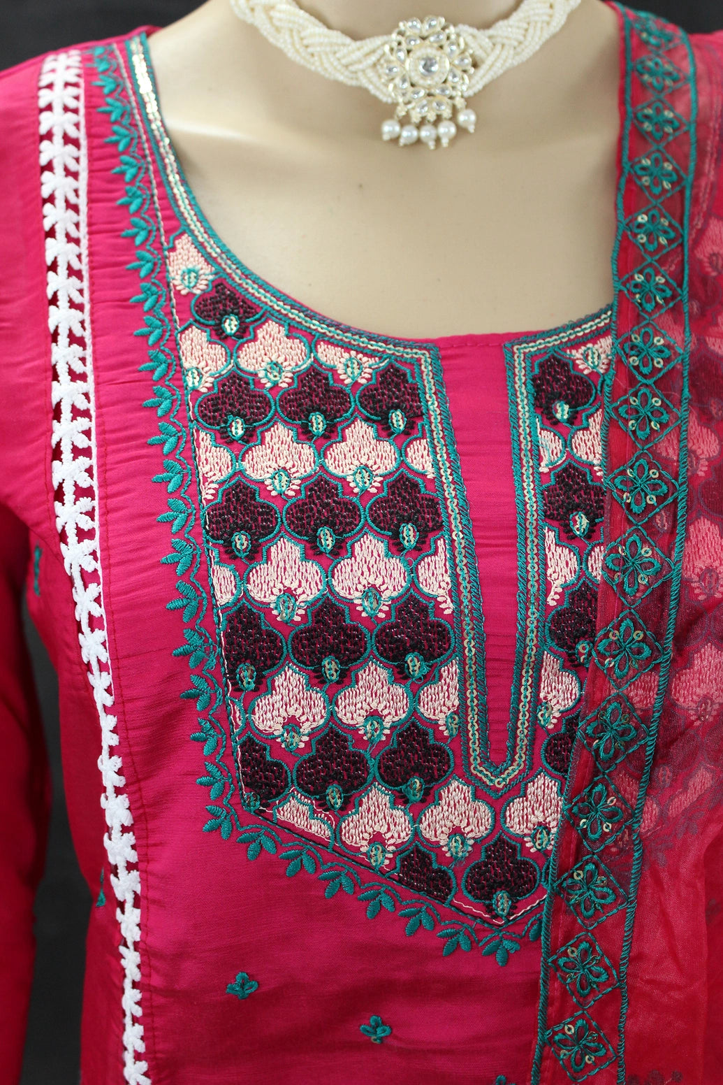 Roman Silk Pink Embroidered 3-Piece Salwar Suit with Organza Dupatta and Elastic Pants Kurti JCS Fashions