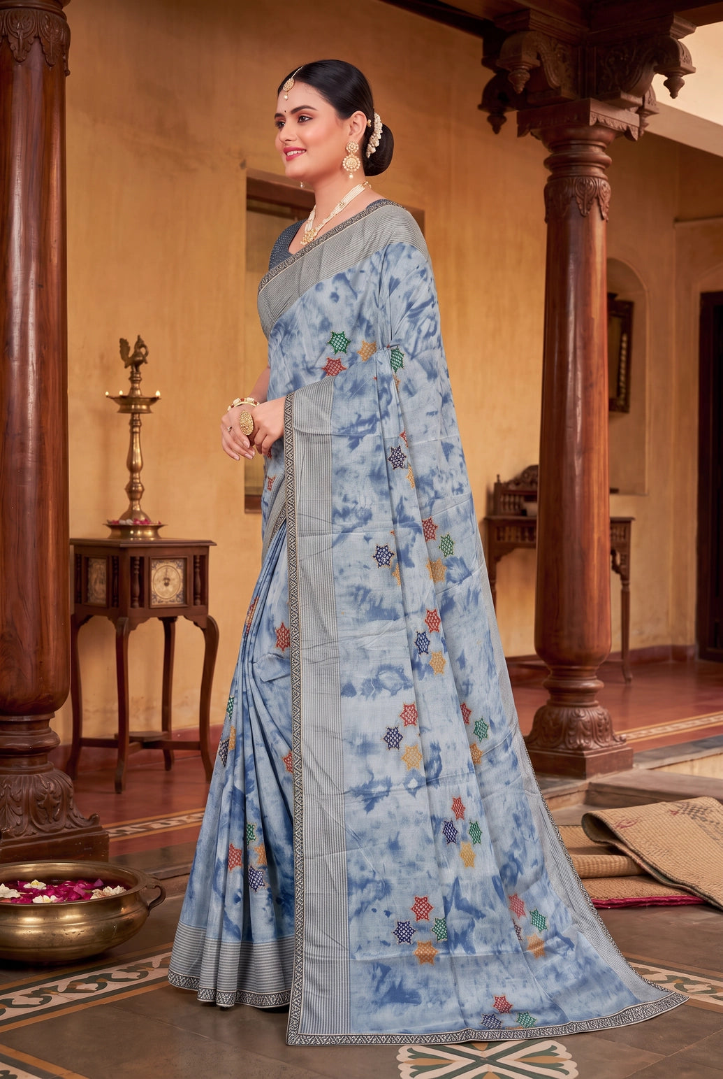 Navy Blue Chiffon Fancy Tie-Dye Saree with Star Motifs and Shimmer Striped Border with Blouse