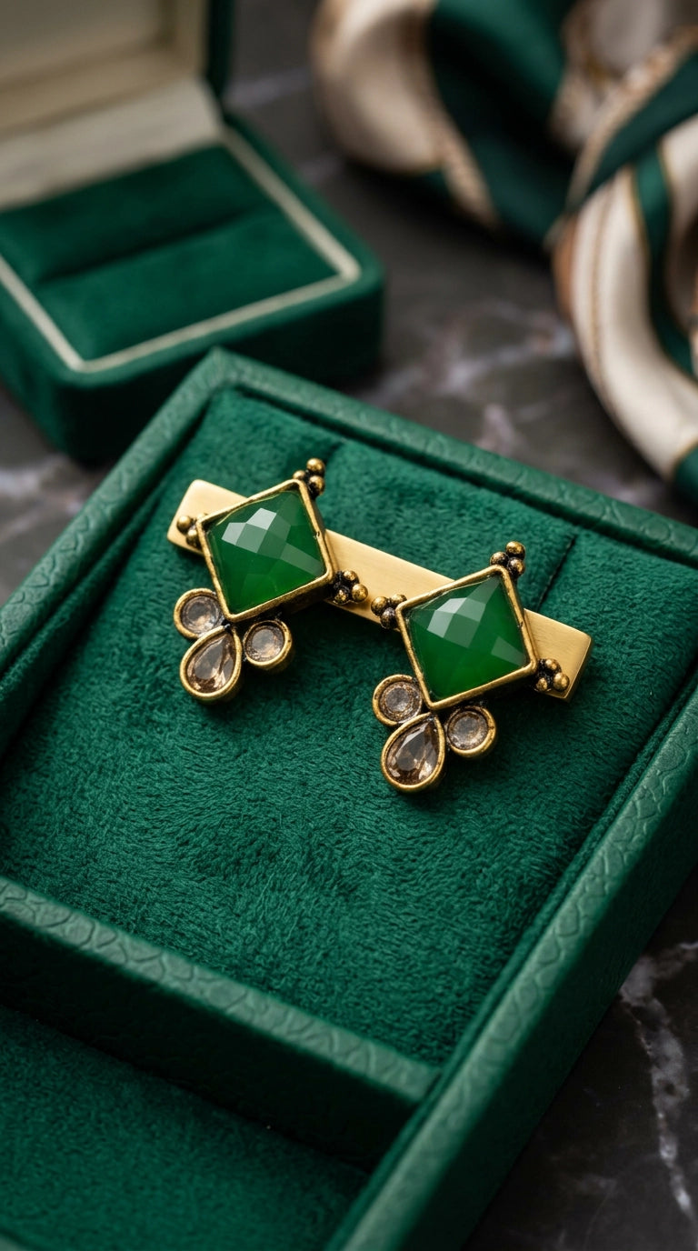 Green Emerald Square Stone Stud Earrings with Gold-Tone Ethnic Drop Crystals for Women