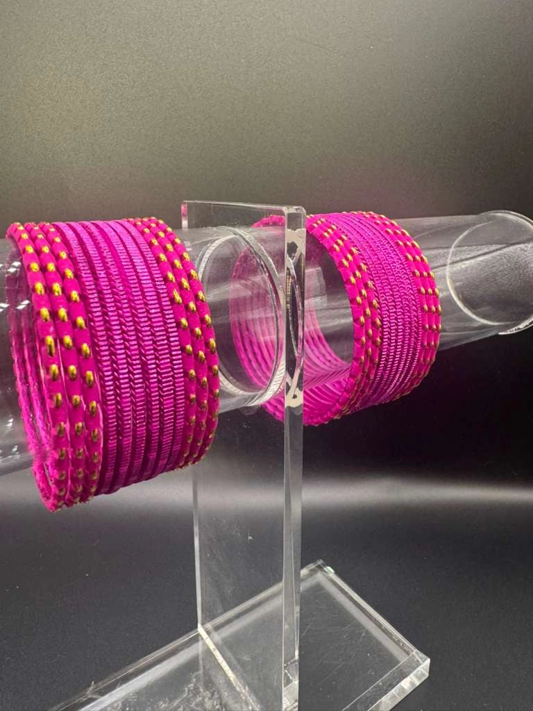 Kids Rani Pink Metal Bangles (24 Pieces) with Gold-Tone Stud Detail for Daily Wear & Festive Outfits