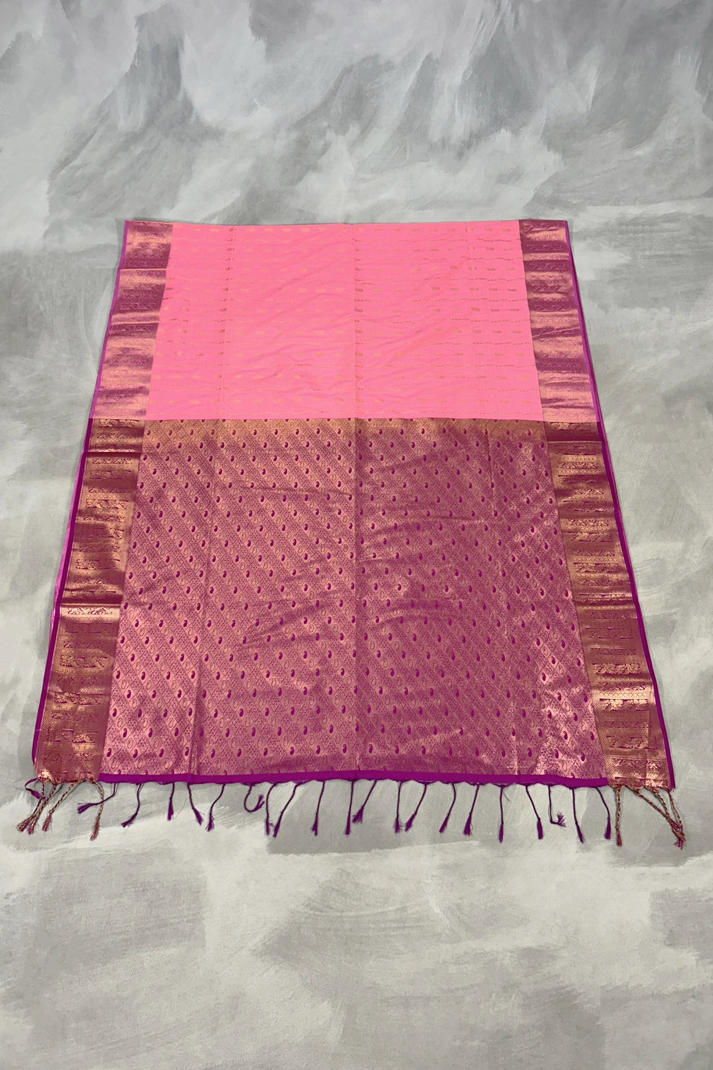 Pink Korvai Soft Silk Saree with Gold Zari Buttas and Floral Border
