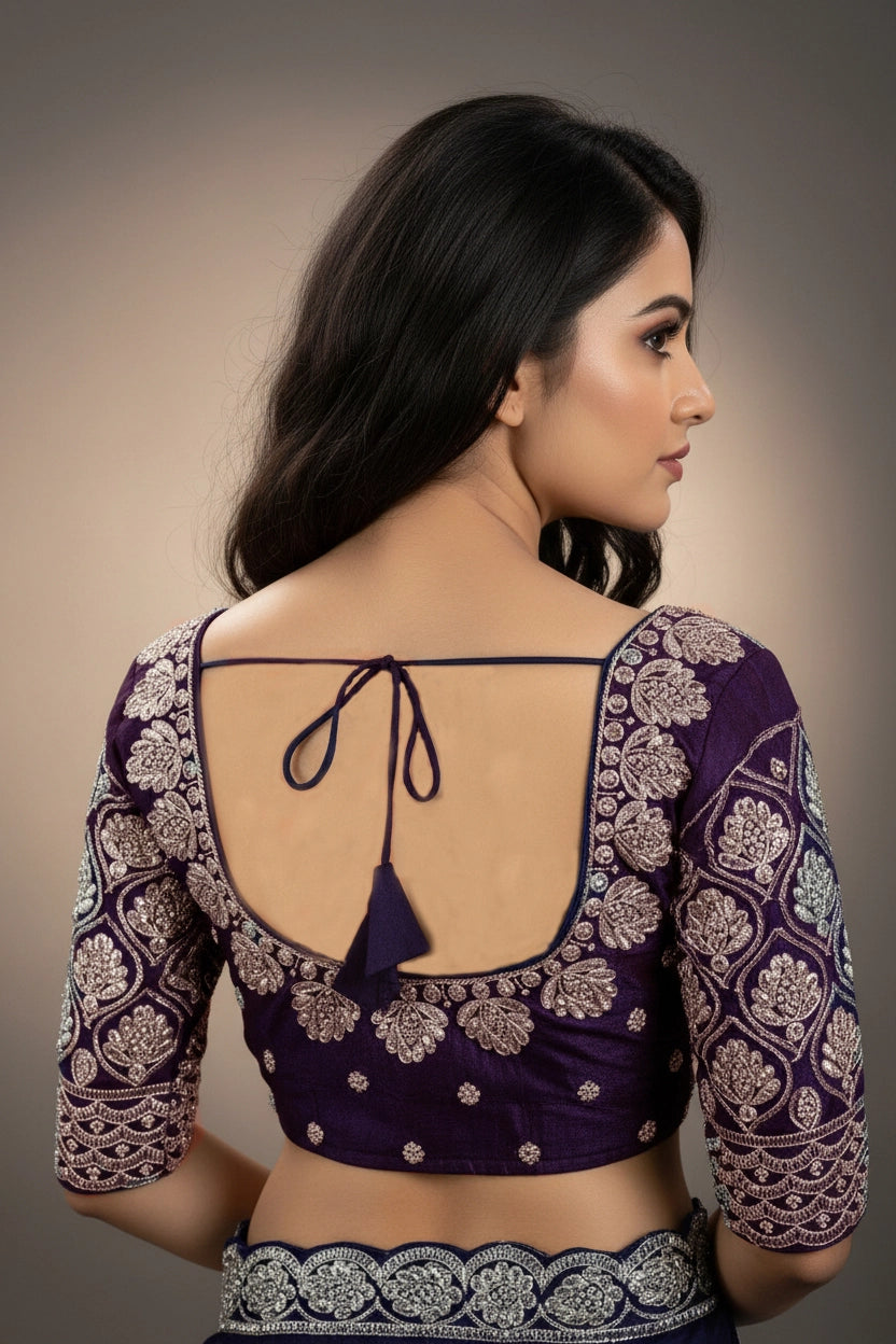 Deep Violet Zari Floral & Paisley Padded Ready-to-Wear Blouse with Knot Back and 3/4 Sleeves