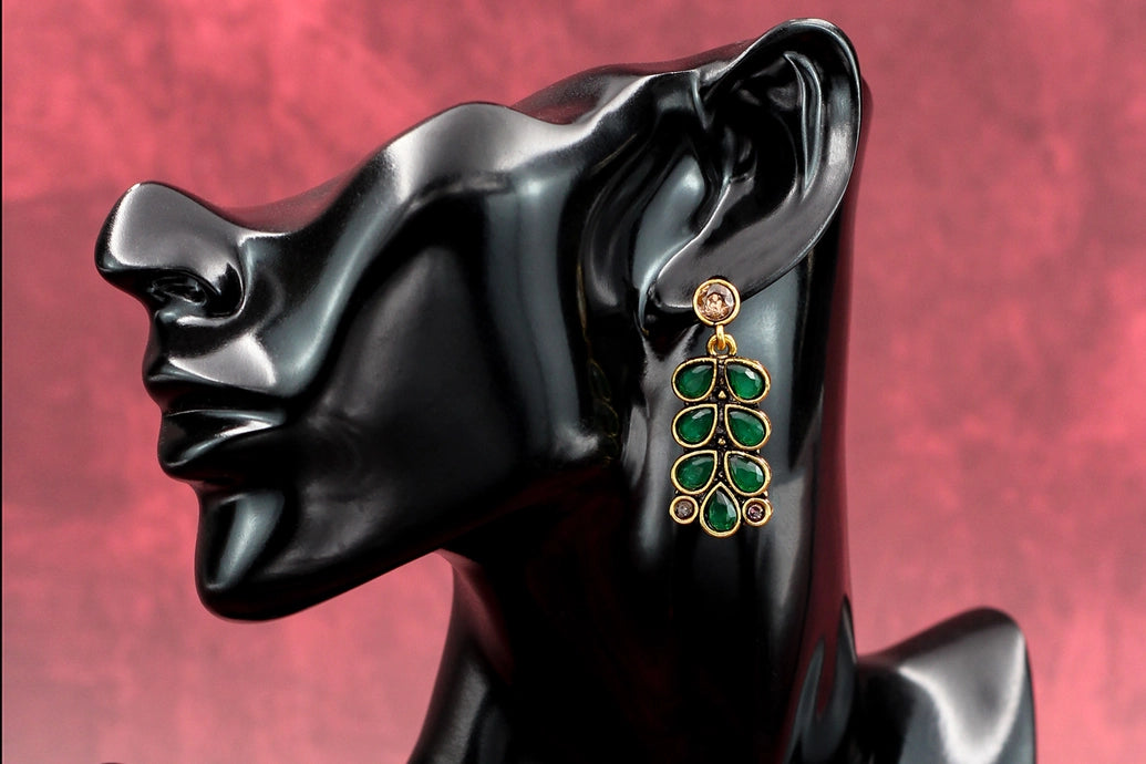 Antique Gold-Tone Green Teardrop Leaf Earrings — Traditional Ethnic Festive Fashion Jewellery Jewelry JCS Fashions