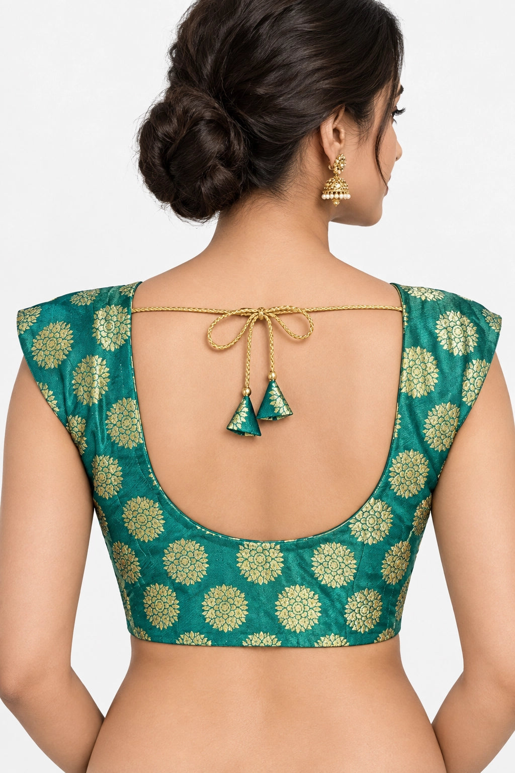 Rama Green Ready Made Padded Designer Blouse with Floral Weave, V-Neck, Short Sleeves for Sari Choli