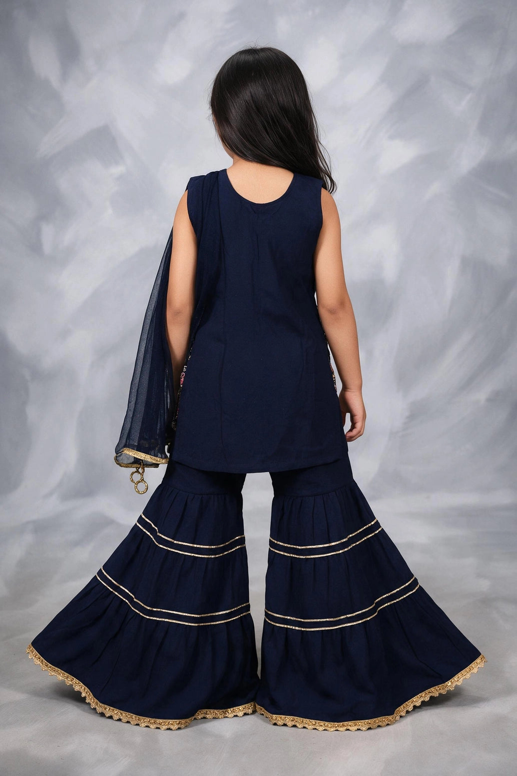 Girls Navy Blue Satin Garara 3-Piece Ethnic Set with Golden Border Sleeveless Top and Flared Pants