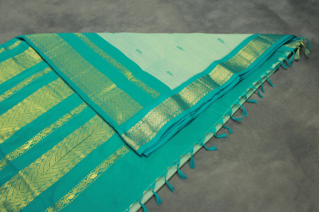 Mint Blue Kalyani Cotton Saree with Puttas and Zari Border & Blouse