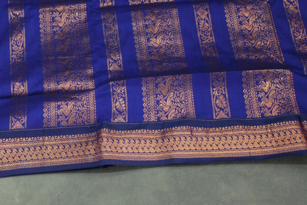 Navy Blue Kalyani Cotton Saree with Putta Design and Zari Border with Blouse