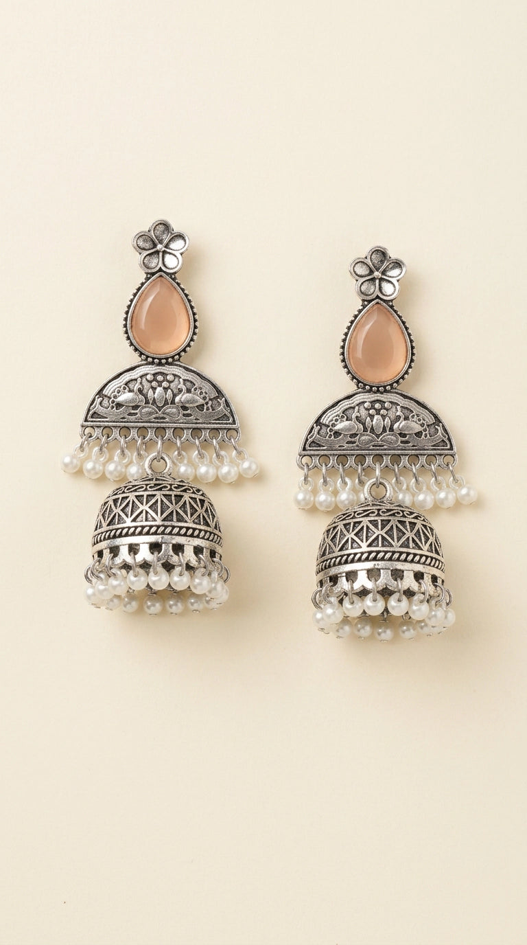 Oxidised Silver-Finish Peach Teardrop Jhumka Earrings with Floral Top and Pearl Bead Hangings