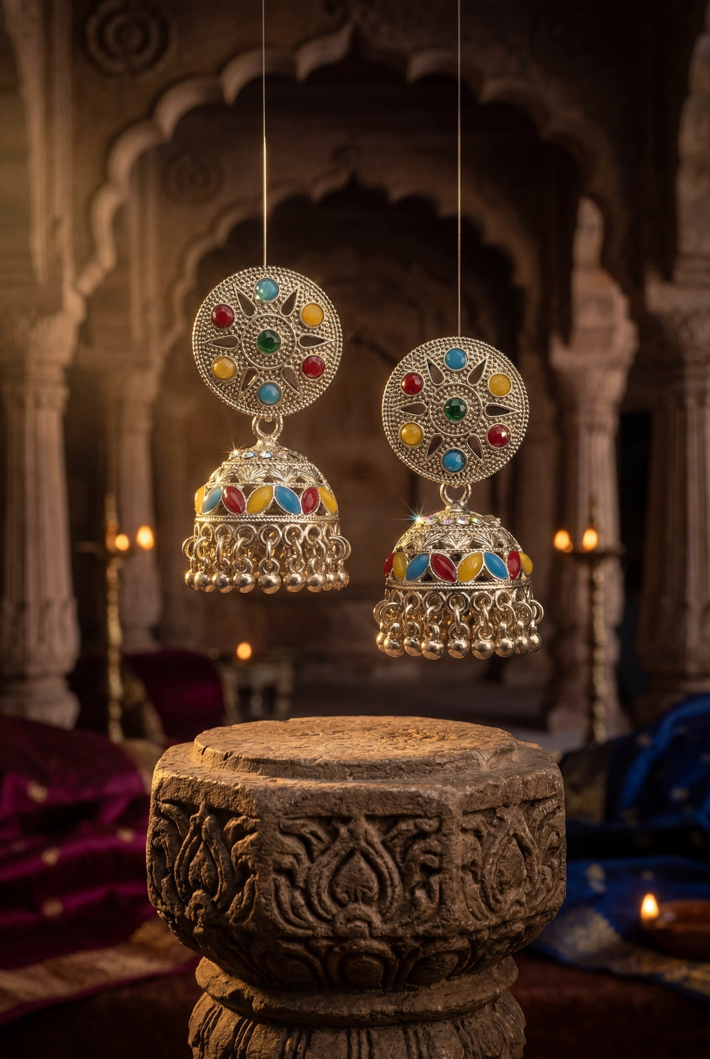 Silver Oxidized Jhumka Earrings with Multicolour Stone Stud Top and Beaded Danglers for Festive Wear