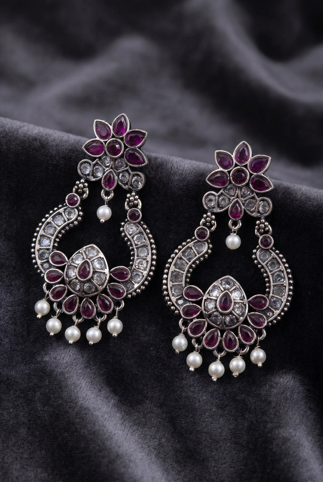 Purple Floral Oxidized Silver-Tone Teardrop Stone Jhumka Earrings with Pearl Drops for Women