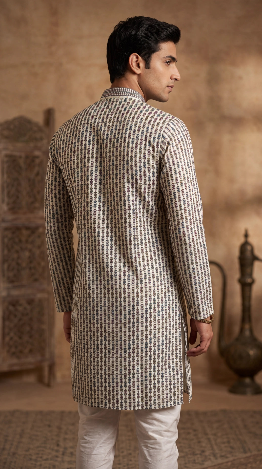 Men’s Cream Cotton Kurta with Multicolor Floral Thread Embroidery (Pareek) – Traditional Ethnic Wear