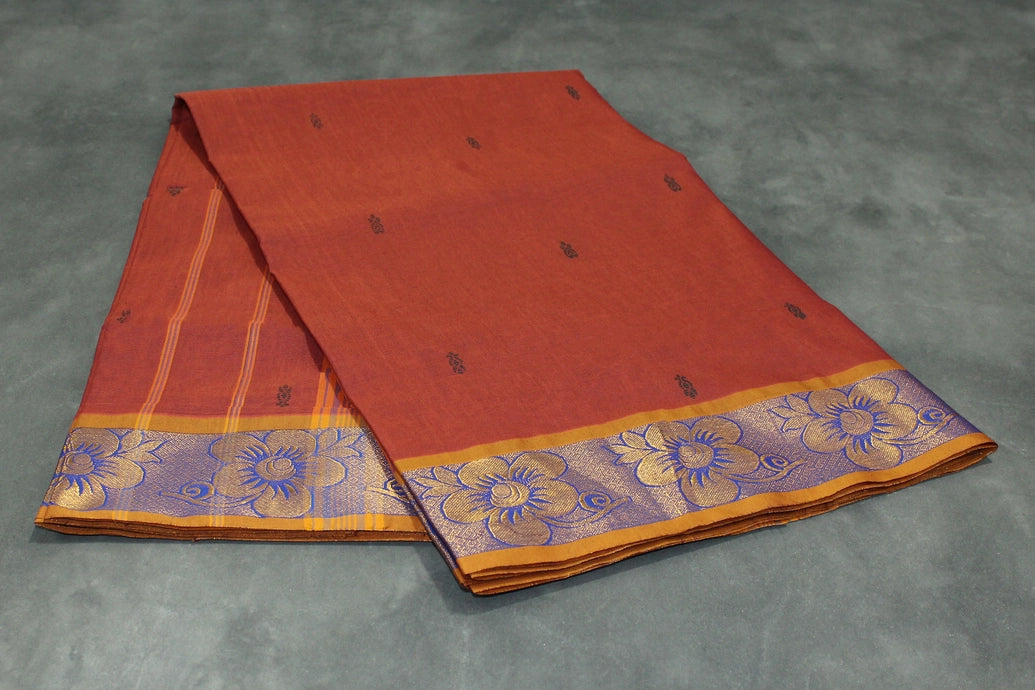 Brown Poly Cotton Butta Saree with Both-Side Zari Floral Border and Striped Pallu Saree JCS Fashions