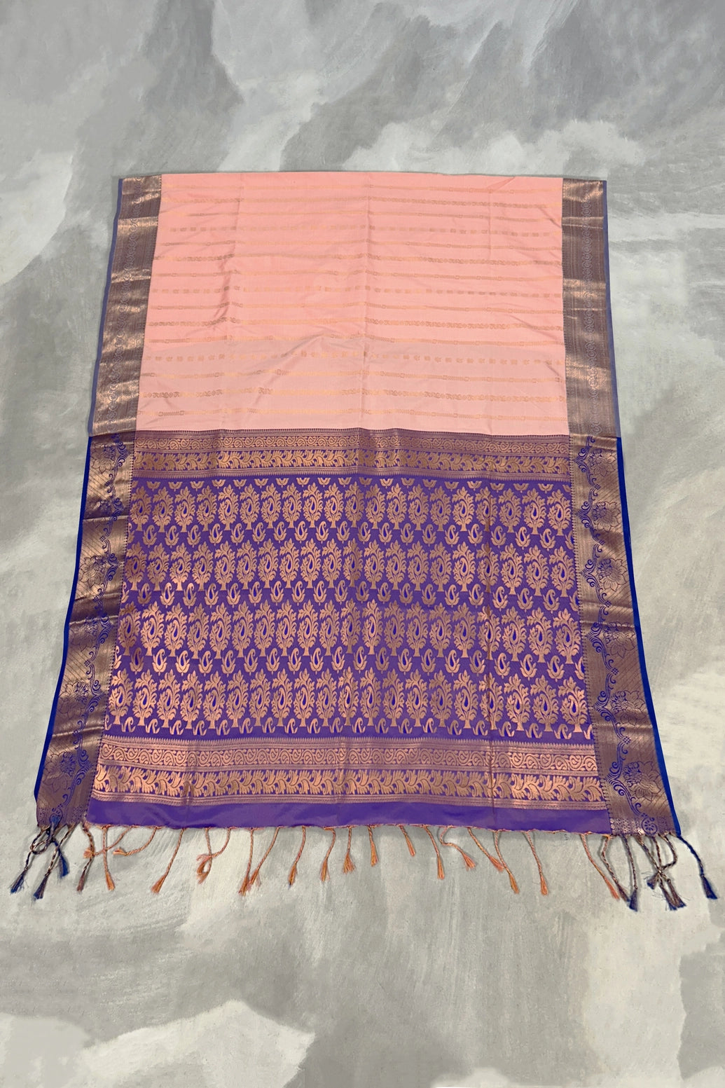 Peach Semi Soft Silk Saree with Contrast Border and Delicate Gold Zari Buttas